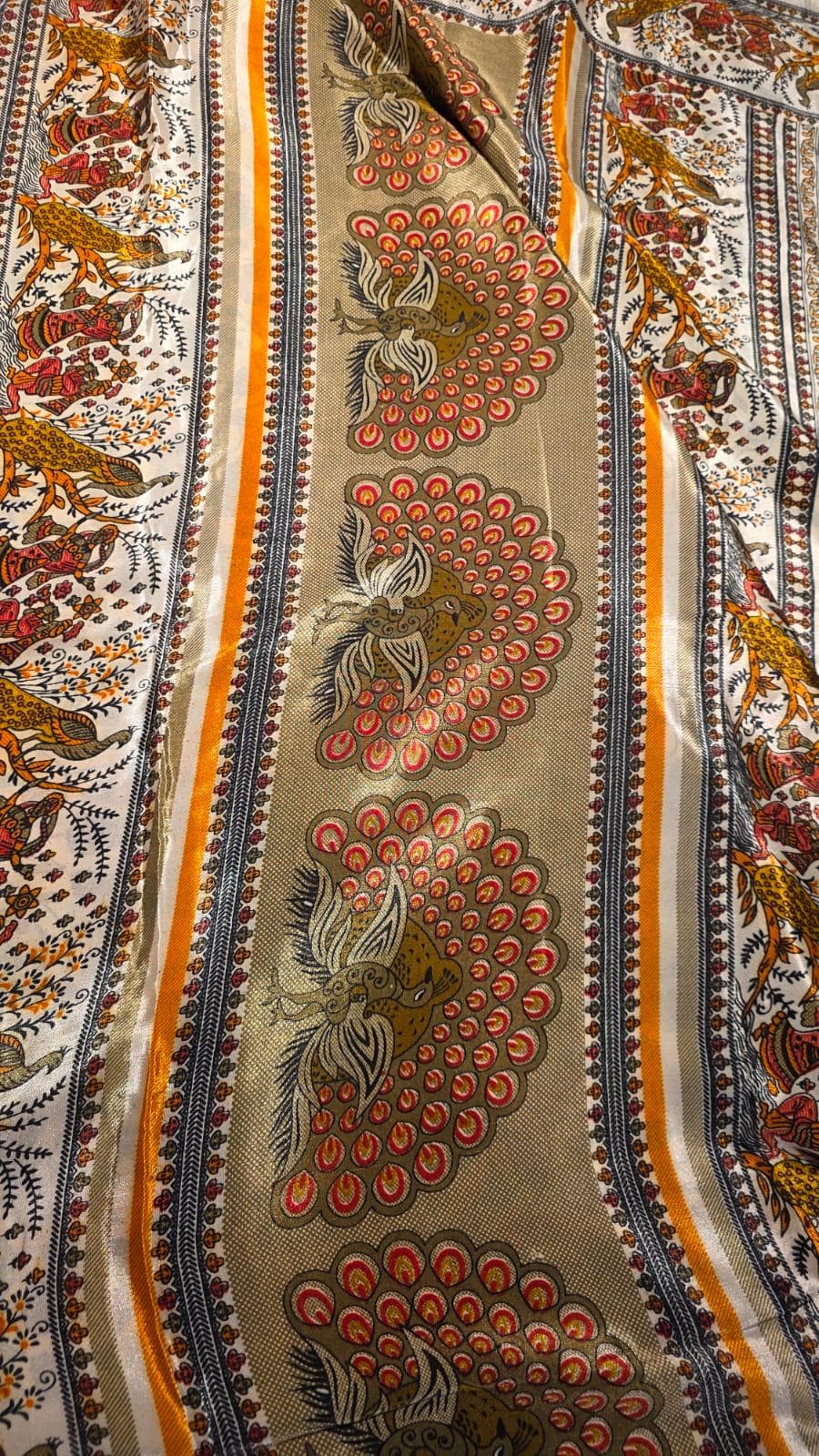 Cream Folk Art Peacock Saree | Kalamkari Style Indian Traditional Print with Blouse Piece