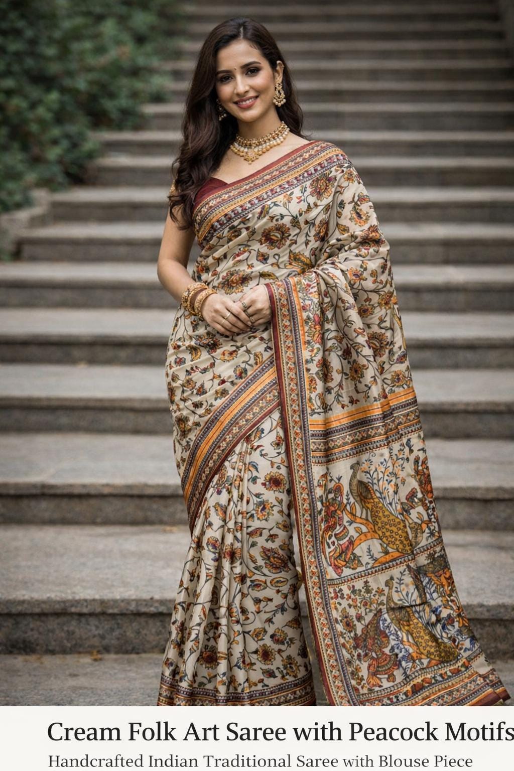 Cream Folk Art Peacock Saree | Kalamkari Style Indian Traditional Print with Blouse Piece