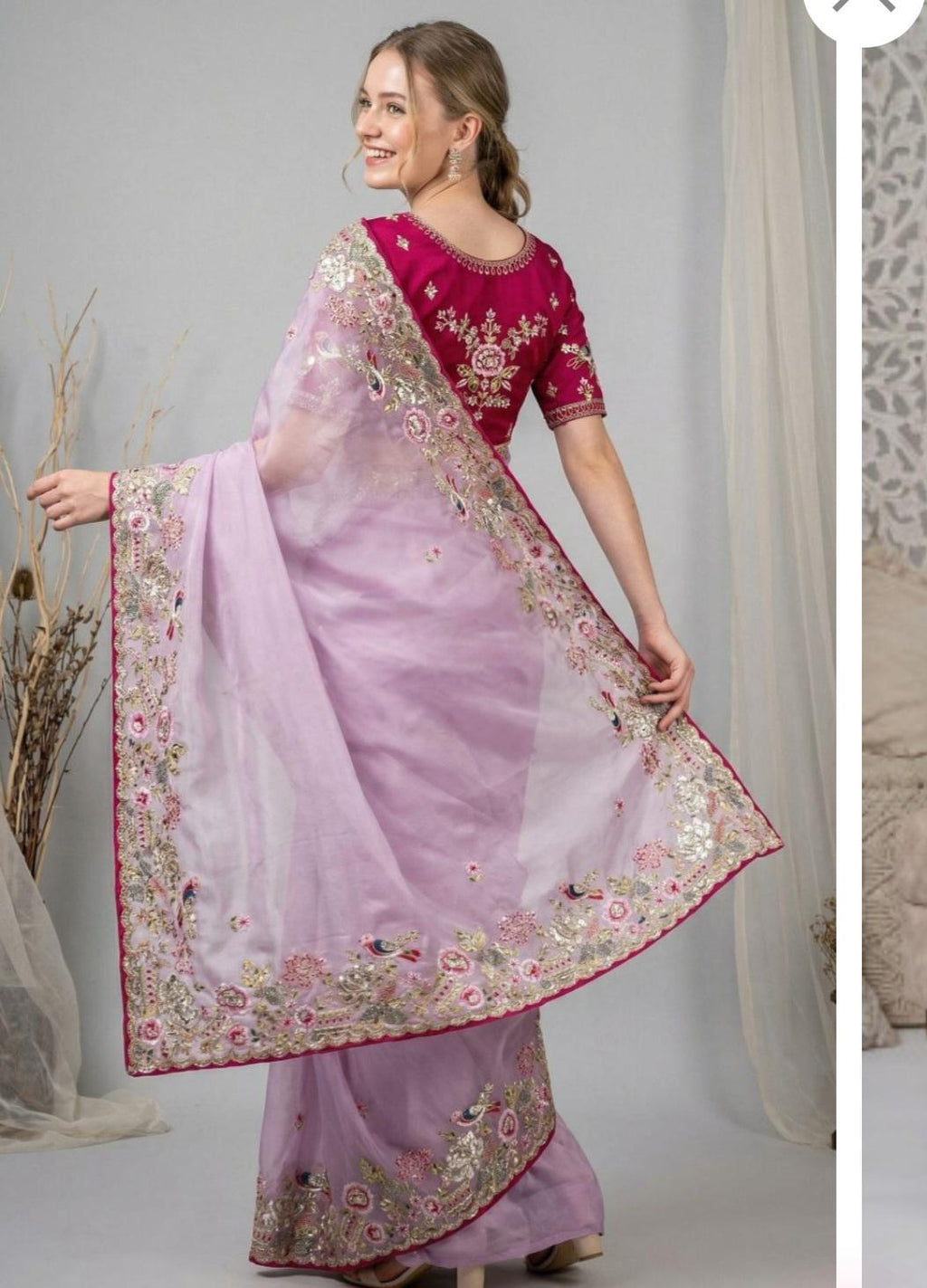 Pink Saree with Thread and Sequence Work, Stitched Blouse Piece