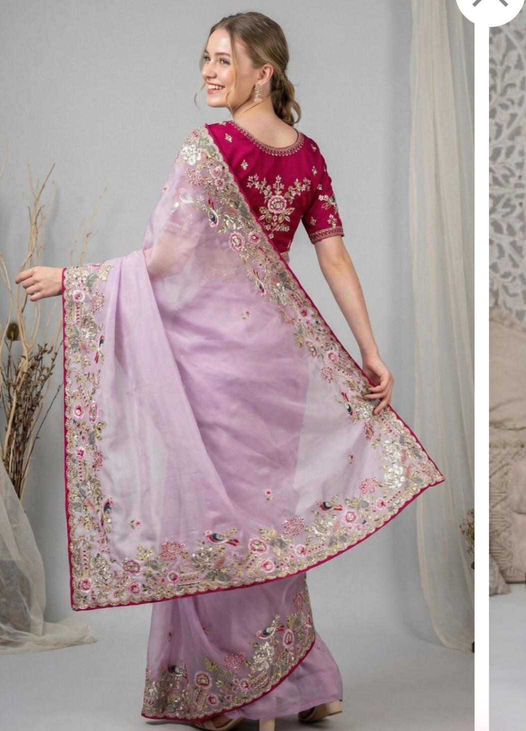 Pink Saree with Thread and Sequence Work, Stitched Blouse Piece