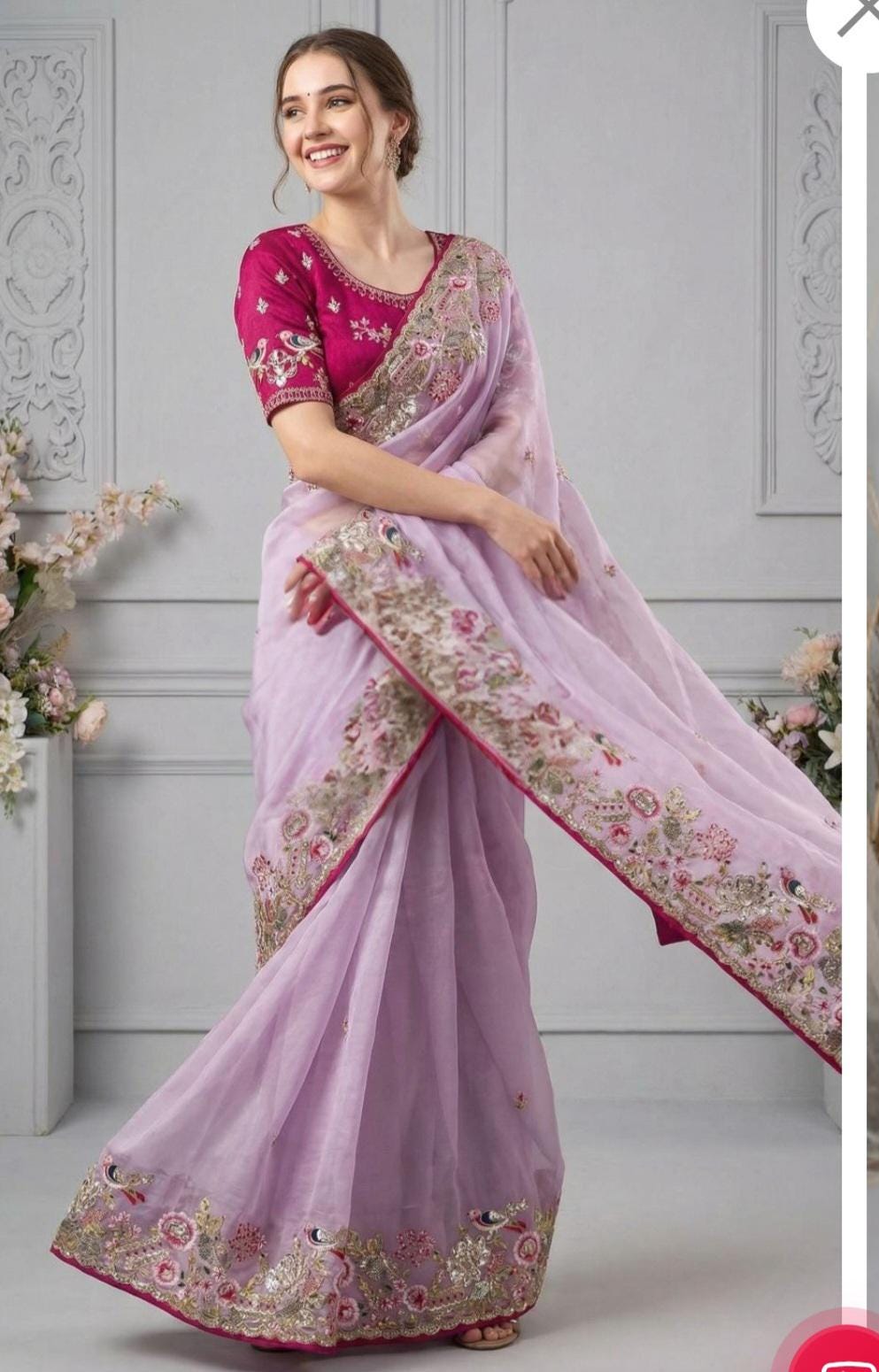 Pink Saree with Thread and Sequence Work, Stitched Blouse Piece