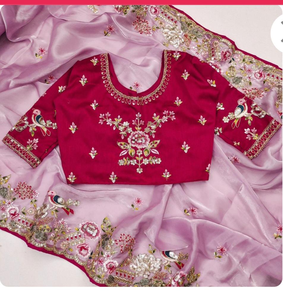 Pink Saree with Thread and Sequence Work, Stitched Blouse Piece