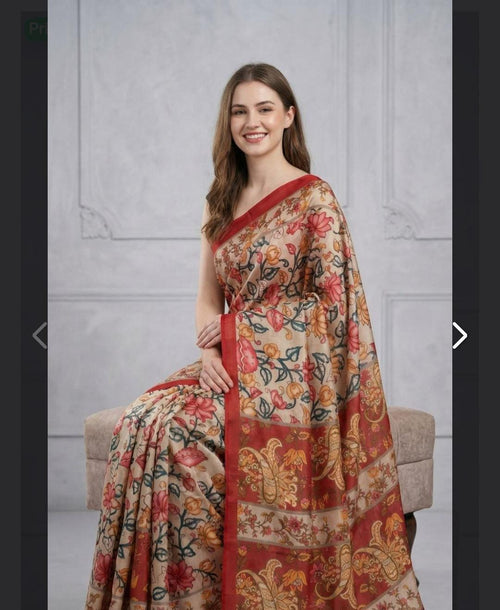 Red Kalamkari Tussar Silk Saree | Traditional Indian Festive Wear (Pico Done)