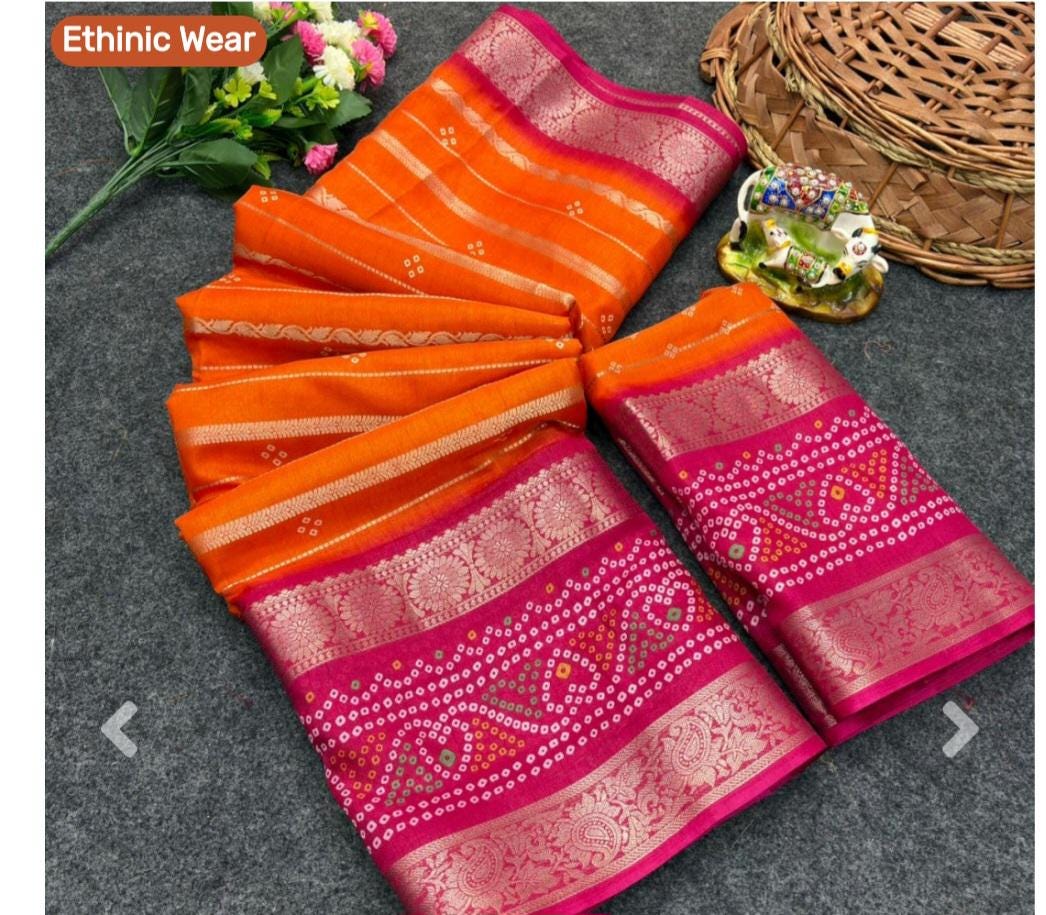 Orange Pink Bandhani Silk Saree with Zari Work | Festive Wedding Wear