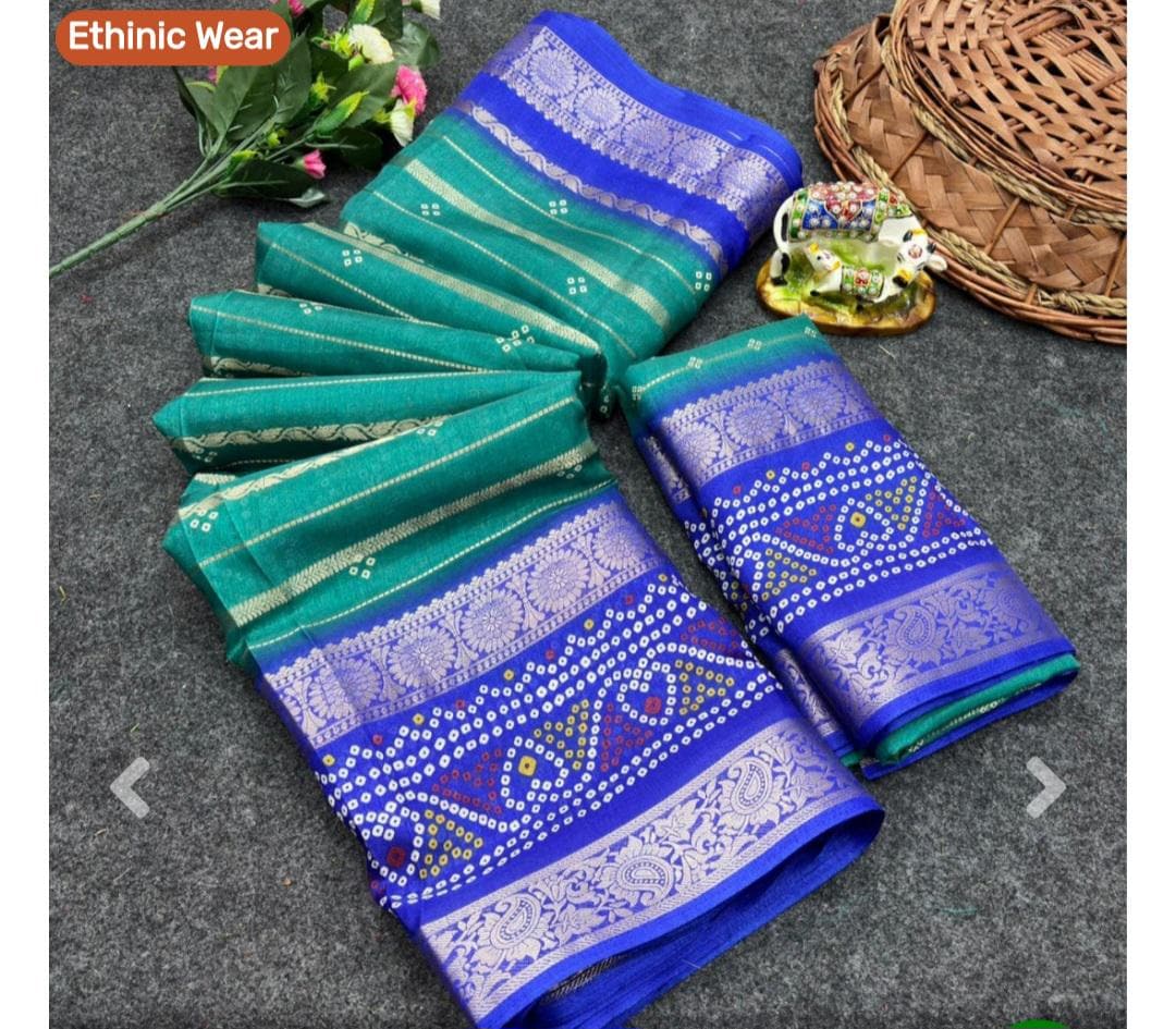 Green Blue Bandhani Silk Saree | Traditional Zari Work Festive Wear