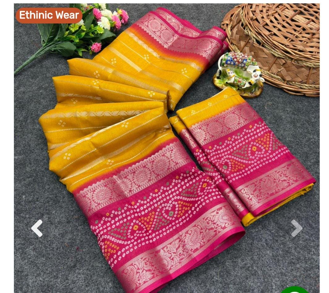 Yellow Pink Bandhani Silk Saree | Traditional Zari Work Festive Wear