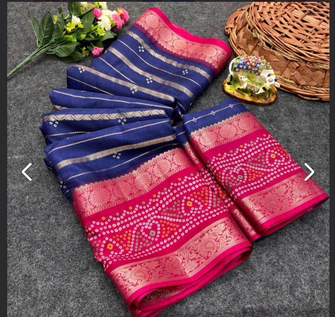 Pink Blue Bandhani Silk Saree with Zari Work | Festive Wedding Ethnic Wear