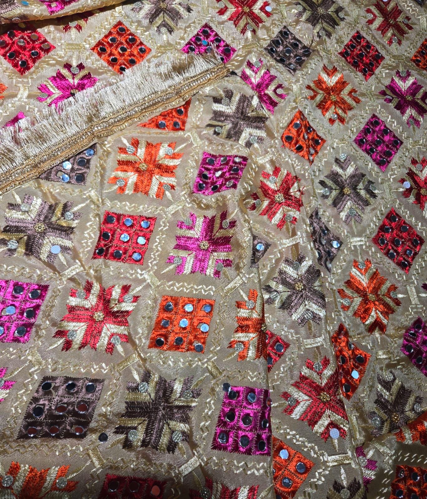 Handmade , Handwoven , Elegant vibrant & Authentic Golden/beige Multicolour Phulkari Dupatta / Indian Scarf. Hand embroidered .