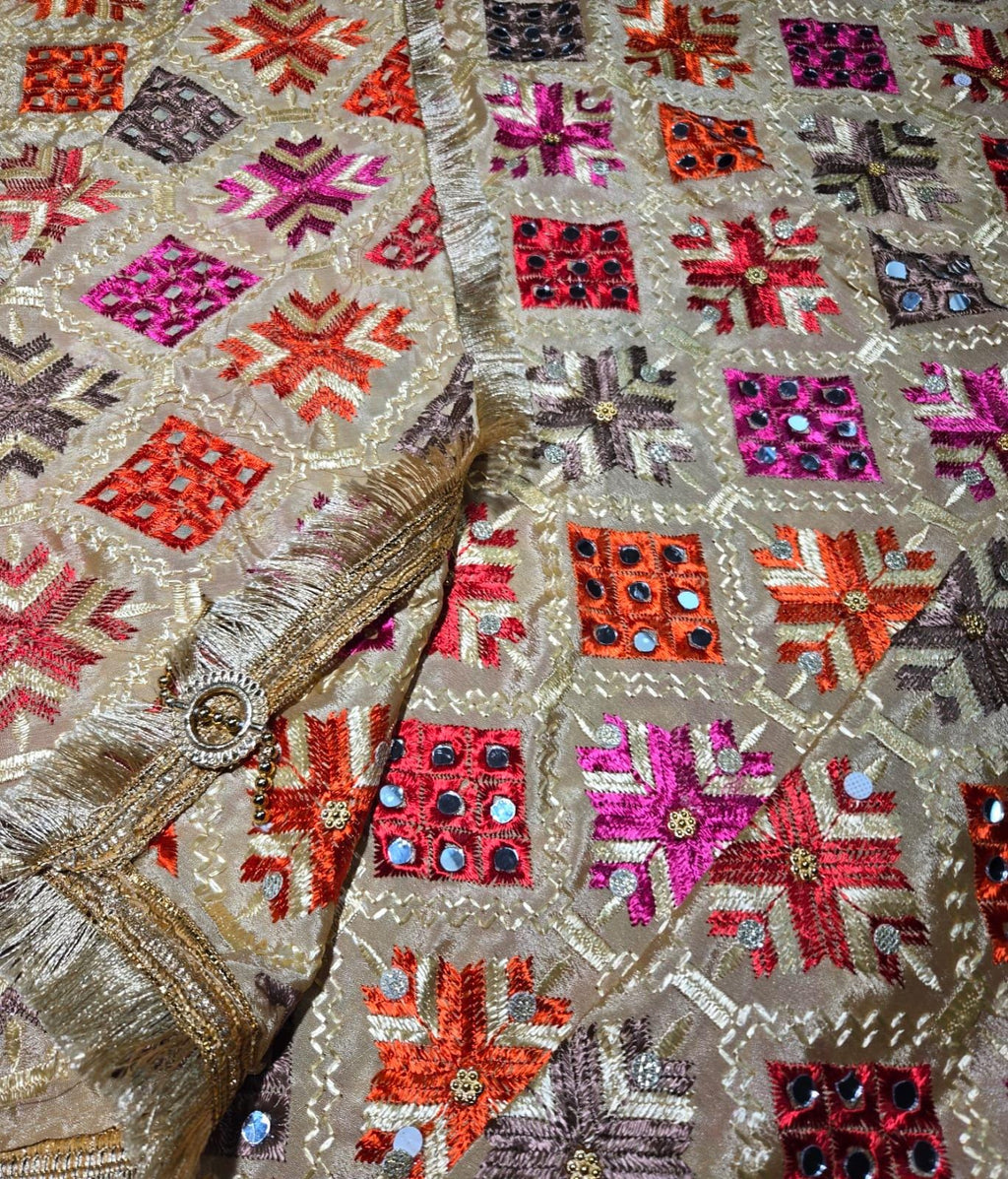 Handmade , Handwoven , Elegant vibrant & Authentic Golden/beige Multicolour Phulkari Dupatta / Indian Scarf. Hand embroidered .