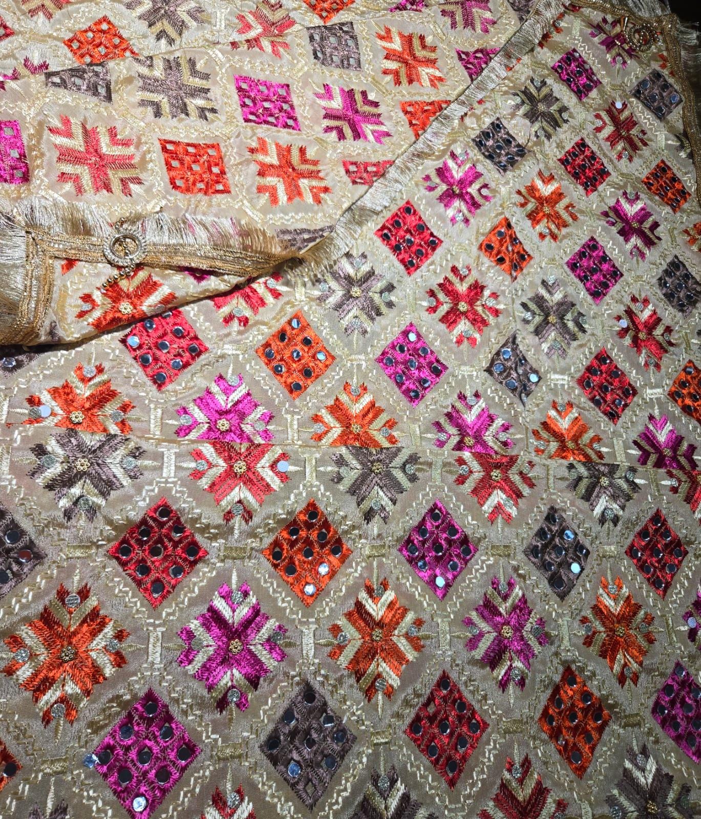 Handmade , Handwoven , Elegant vibrant & Authentic Golden/beige Multicolour Phulkari Dupatta / Indian Scarf. Hand embroidered .