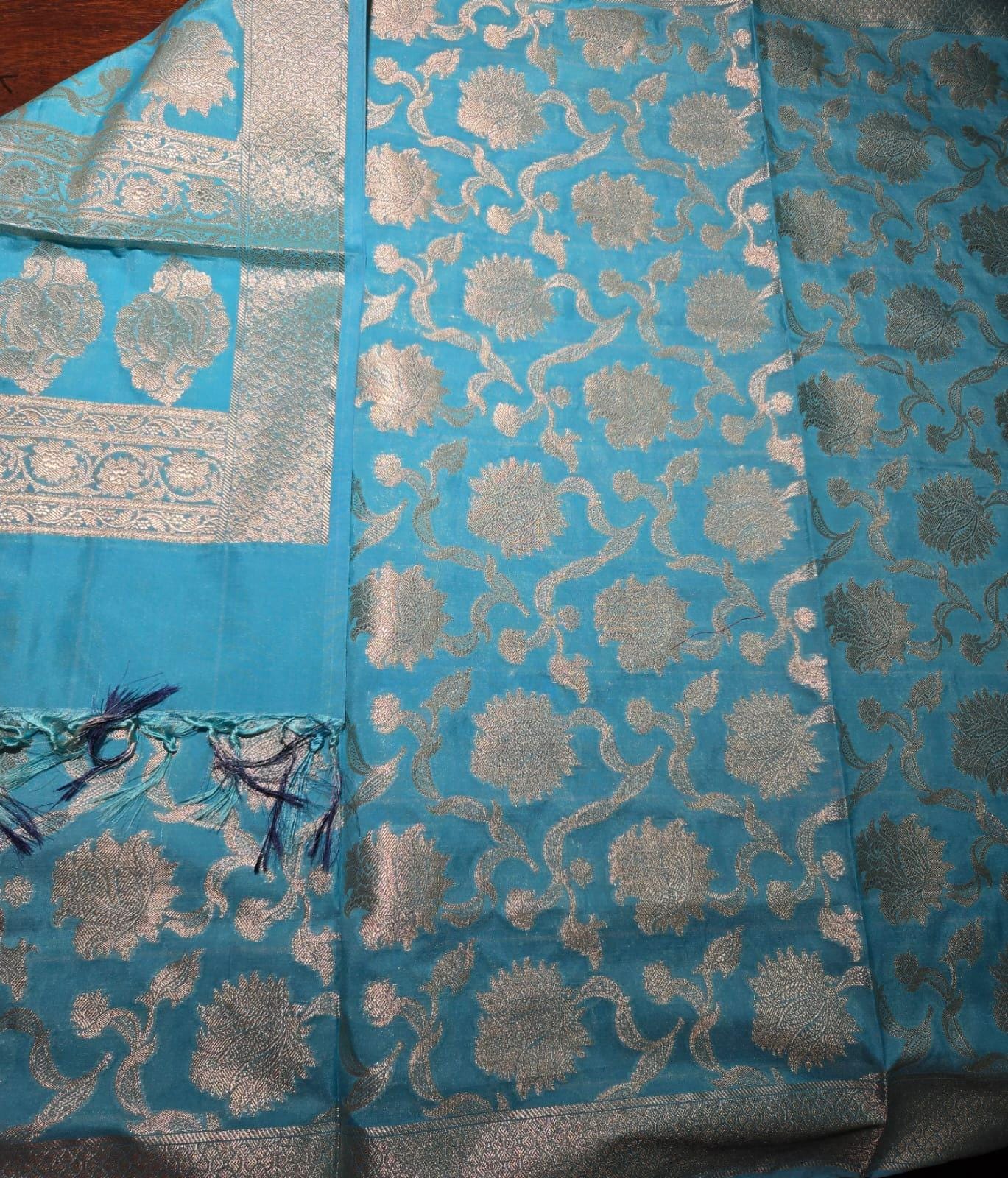 Sky Blue Banarasi Silk Dupatta | Silver Zari Floral Weave, Festive Wear