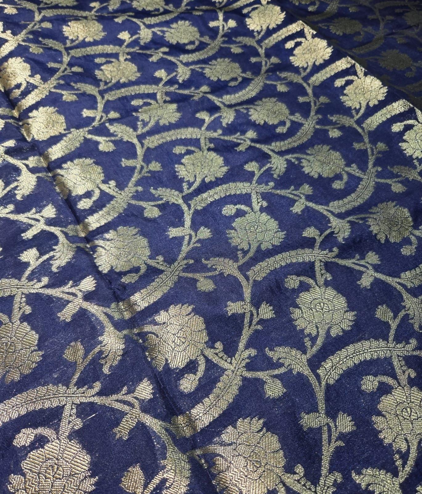 Royal Blue Banarasi Silk Dupatta | Silver Zari Floral Weave, Indian Ethnic Wear