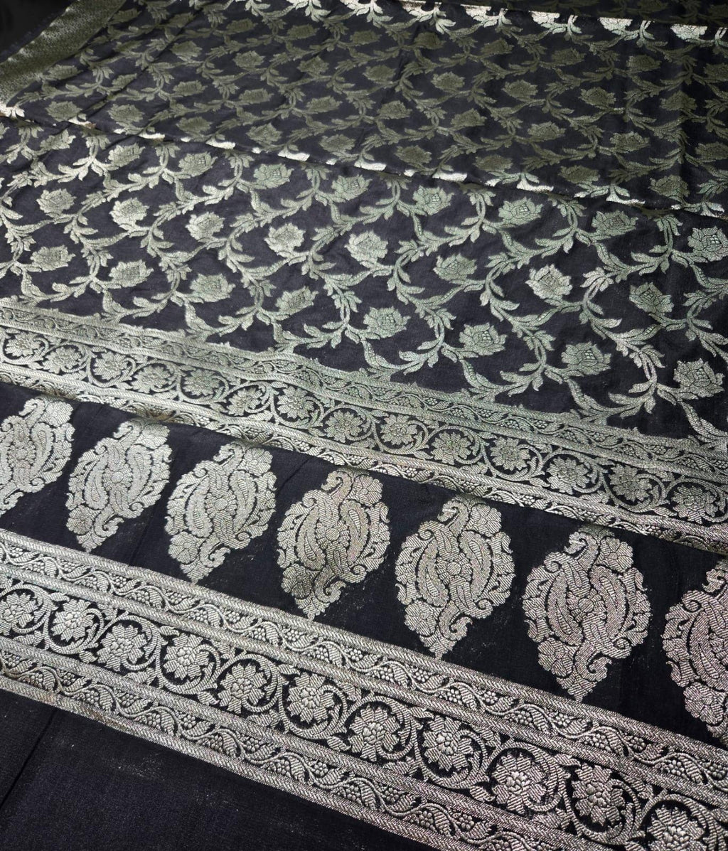 Black Banarasi Silk Dupatta | Silver Zari Floral Weave, Indian Ethnic Wear
