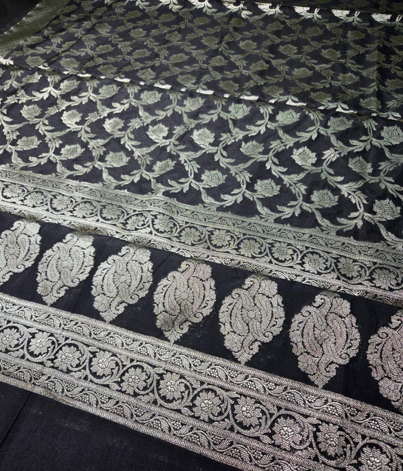 Black Banarasi Silk Dupatta | Silver Zari Floral Weave, Indian Ethnic Wear