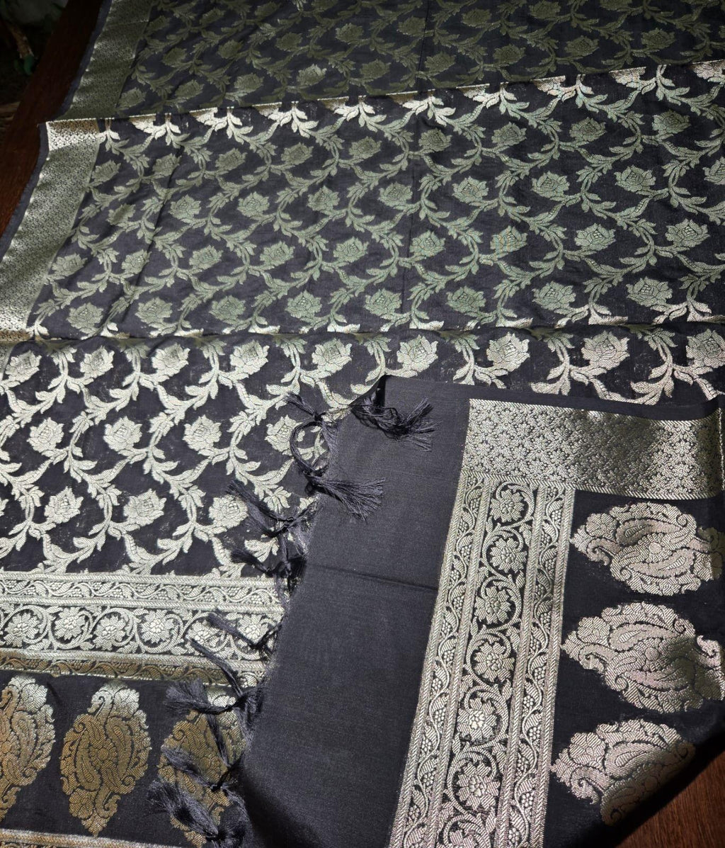 Black Banarasi Silk Dupatta | Silver Zari Floral Weave, Indian Ethnic Wear