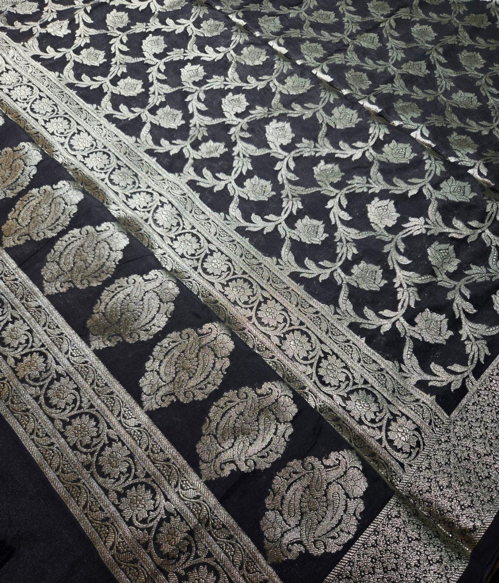 Black Banarasi Silk Dupatta | Silver Zari Floral Weave, Indian Ethnic Wear