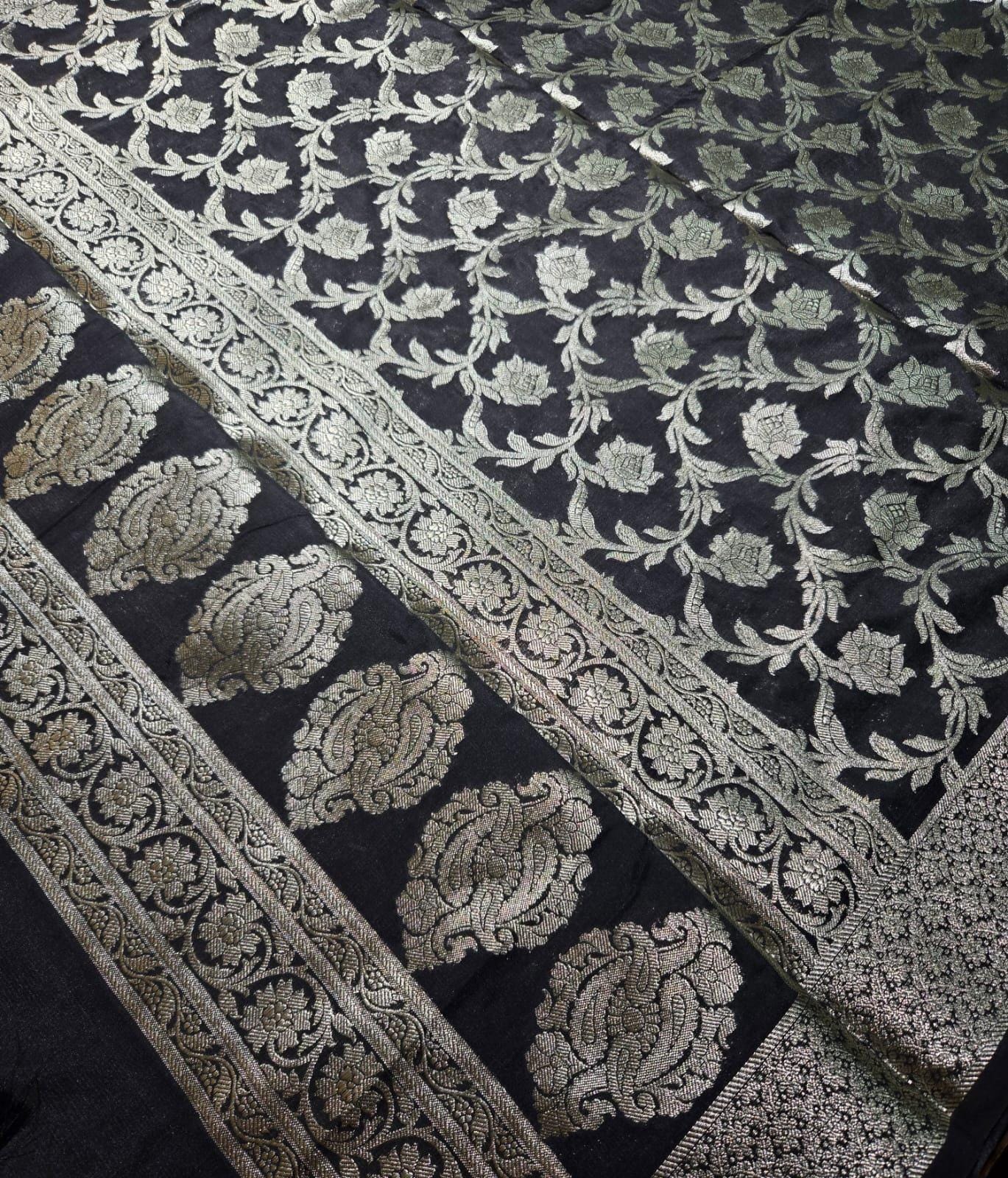 Black Banarasi Silk Dupatta | Silver Zari Floral Weave, Indian Ethnic Wear