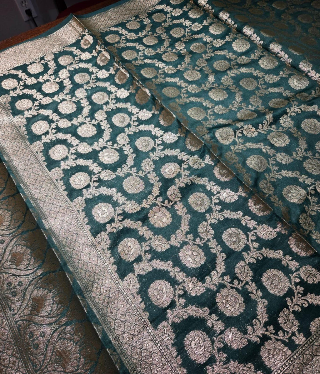 Green Banarasi Silk Dupatta | Silver Zari Floral Weave, Indian Ethnic Wear