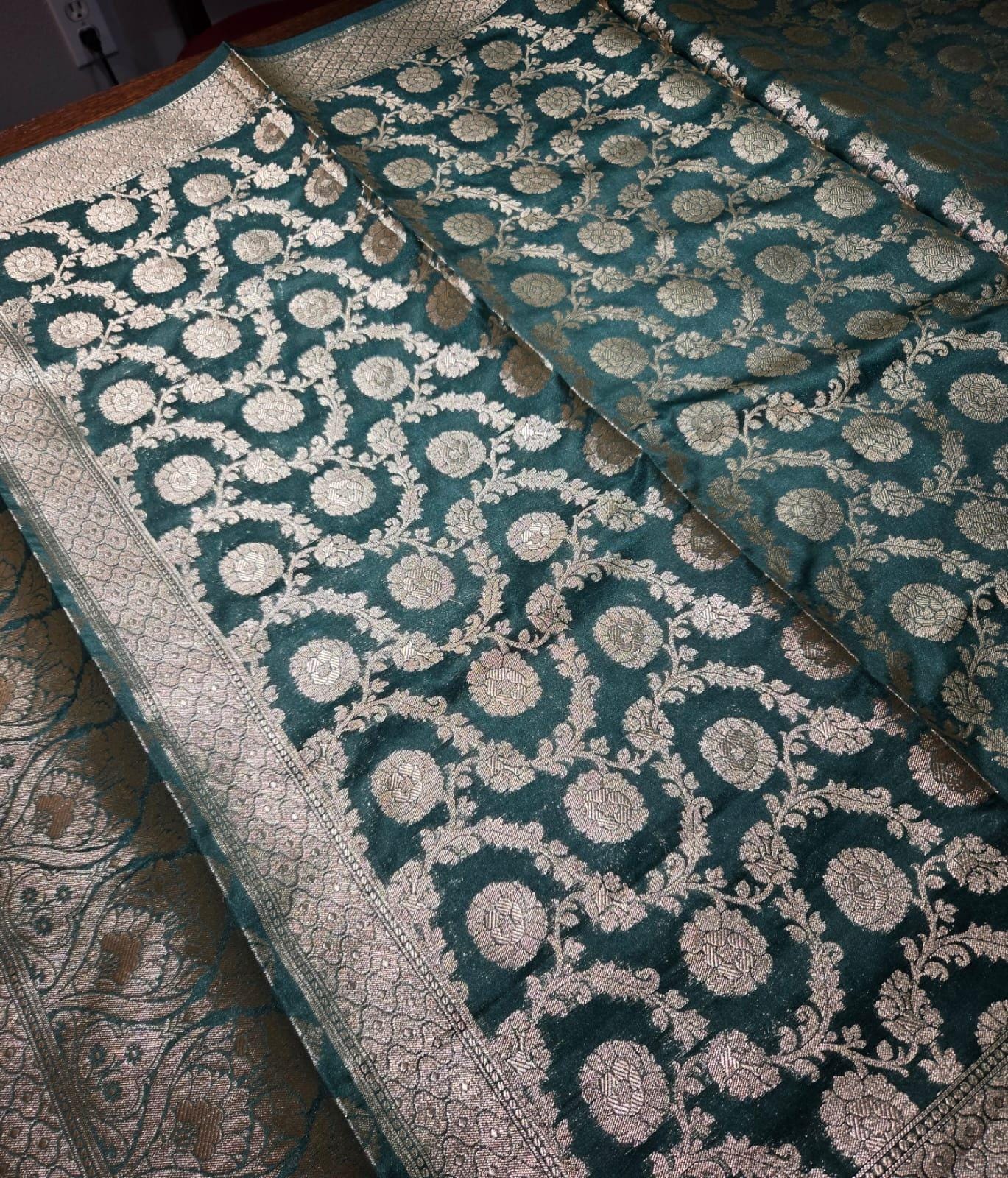 Green Banarasi Silk Dupatta | Silver Zari Floral Weave, Indian Ethnic Wear