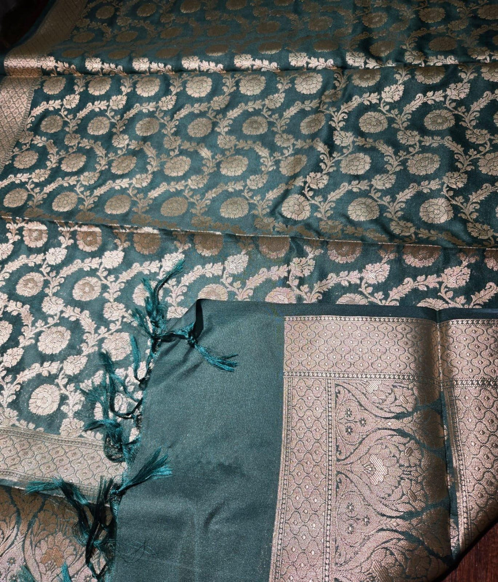 Green Banarasi Silk Dupatta | Silver Zari Floral Weave, Indian Ethnic Wear