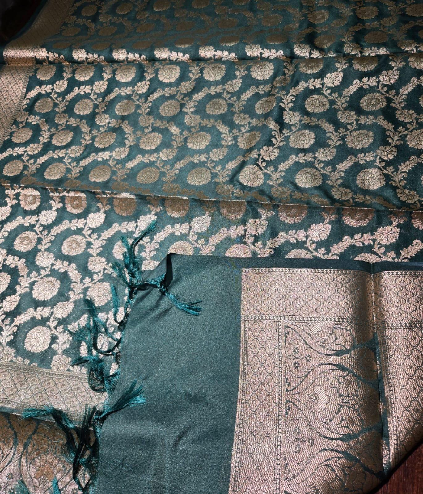 Green Banarasi Silk Dupatta | Silver Zari Floral Weave, Indian Ethnic Wear