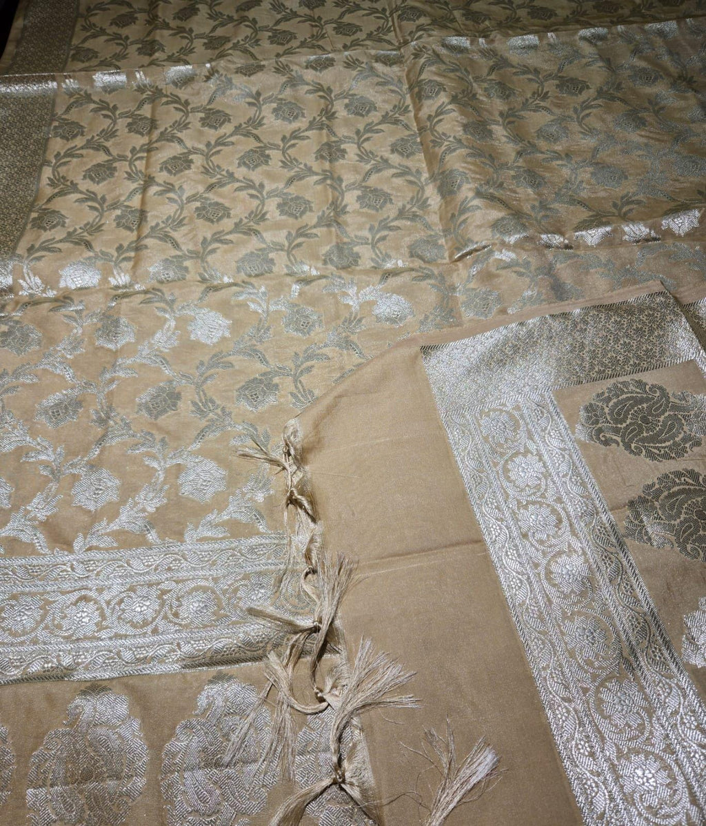 Golden Banarasi Silk Dupatta | Silver Zari Floral Weave, Indian Ethnic Wear