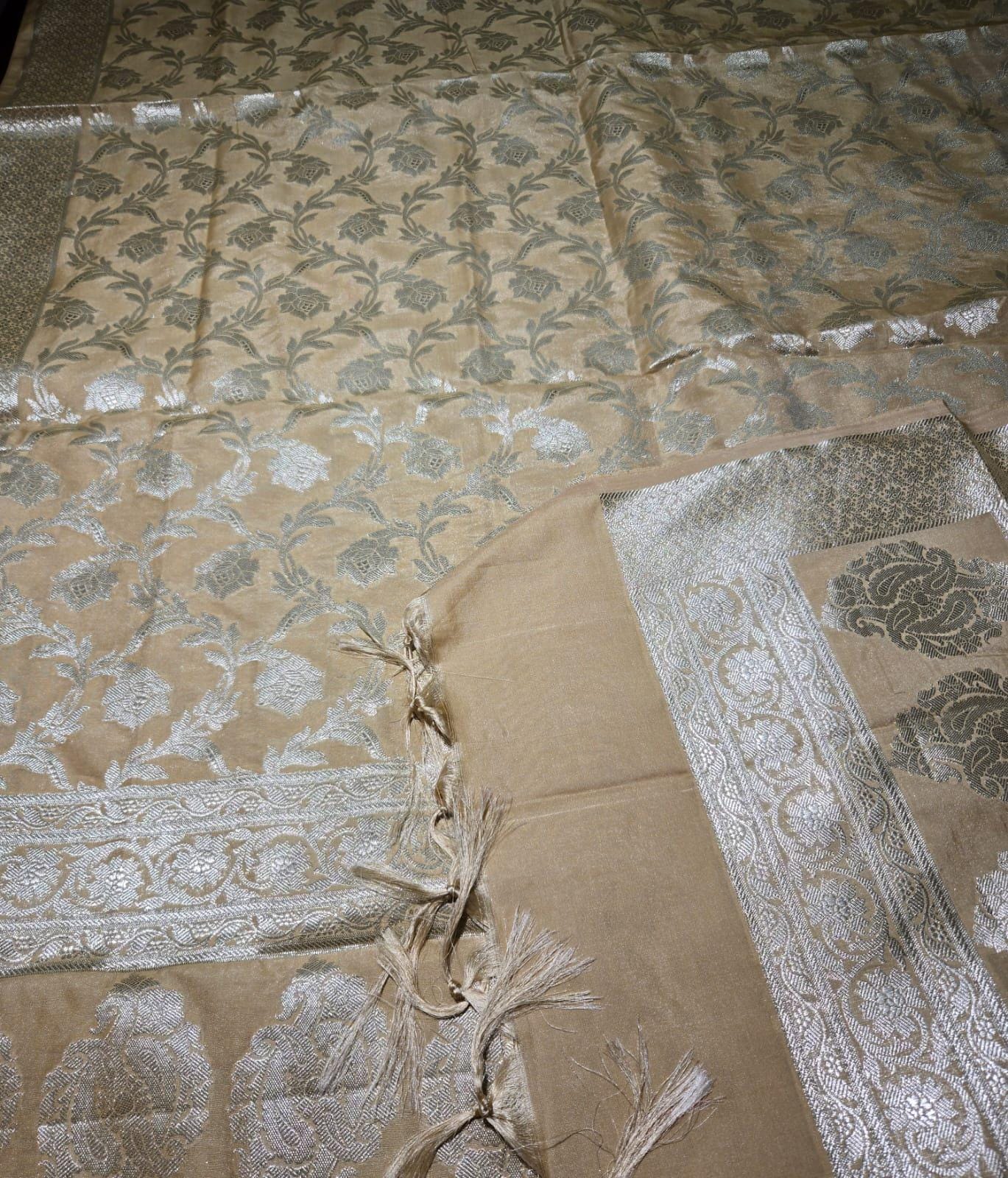 Golden Banarasi Silk Dupatta | Silver Zari Floral Weave, Indian Ethnic Wear