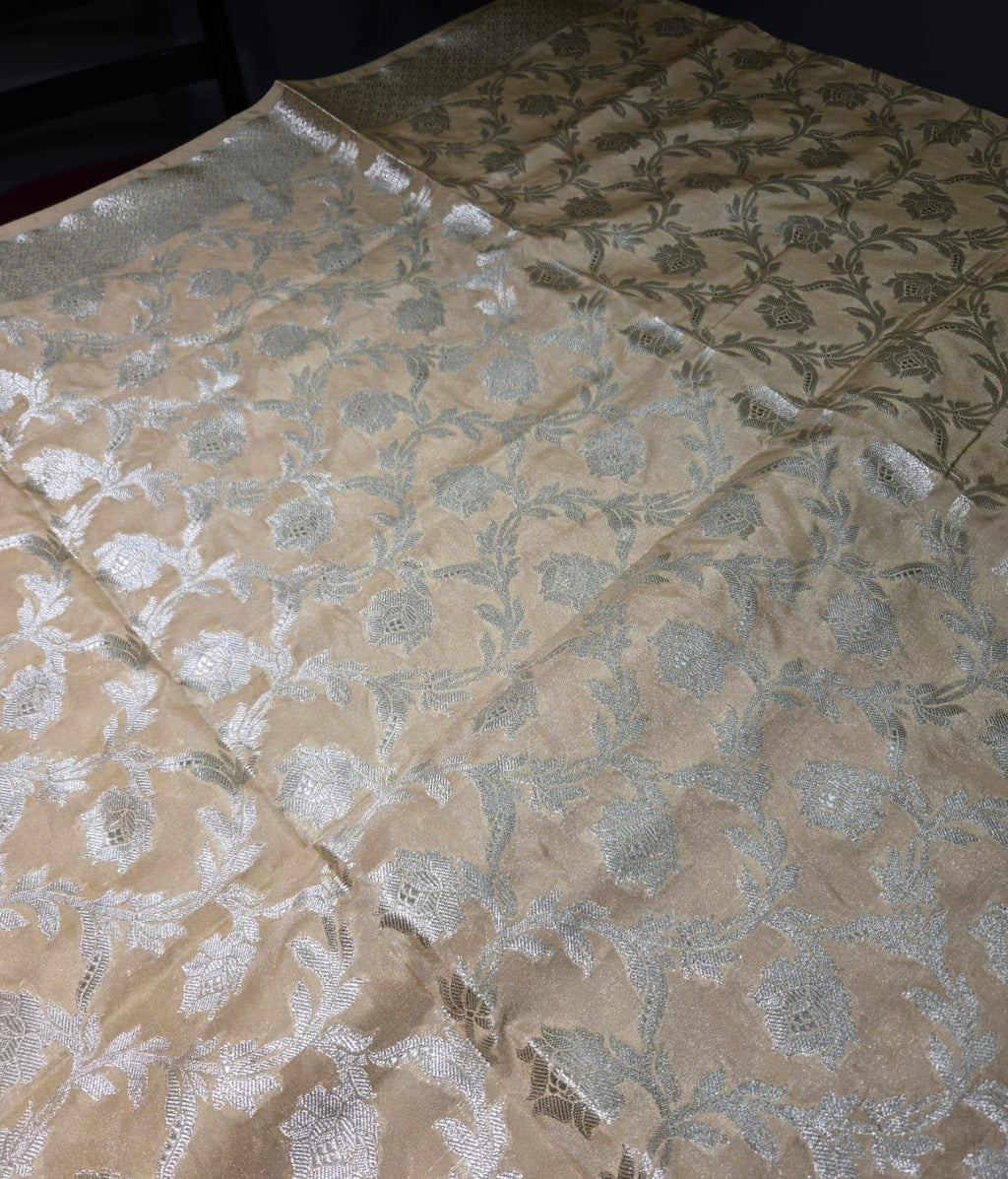 Golden Banarasi Silk Dupatta | Silver Zari Floral Weave, Indian Ethnic Wear