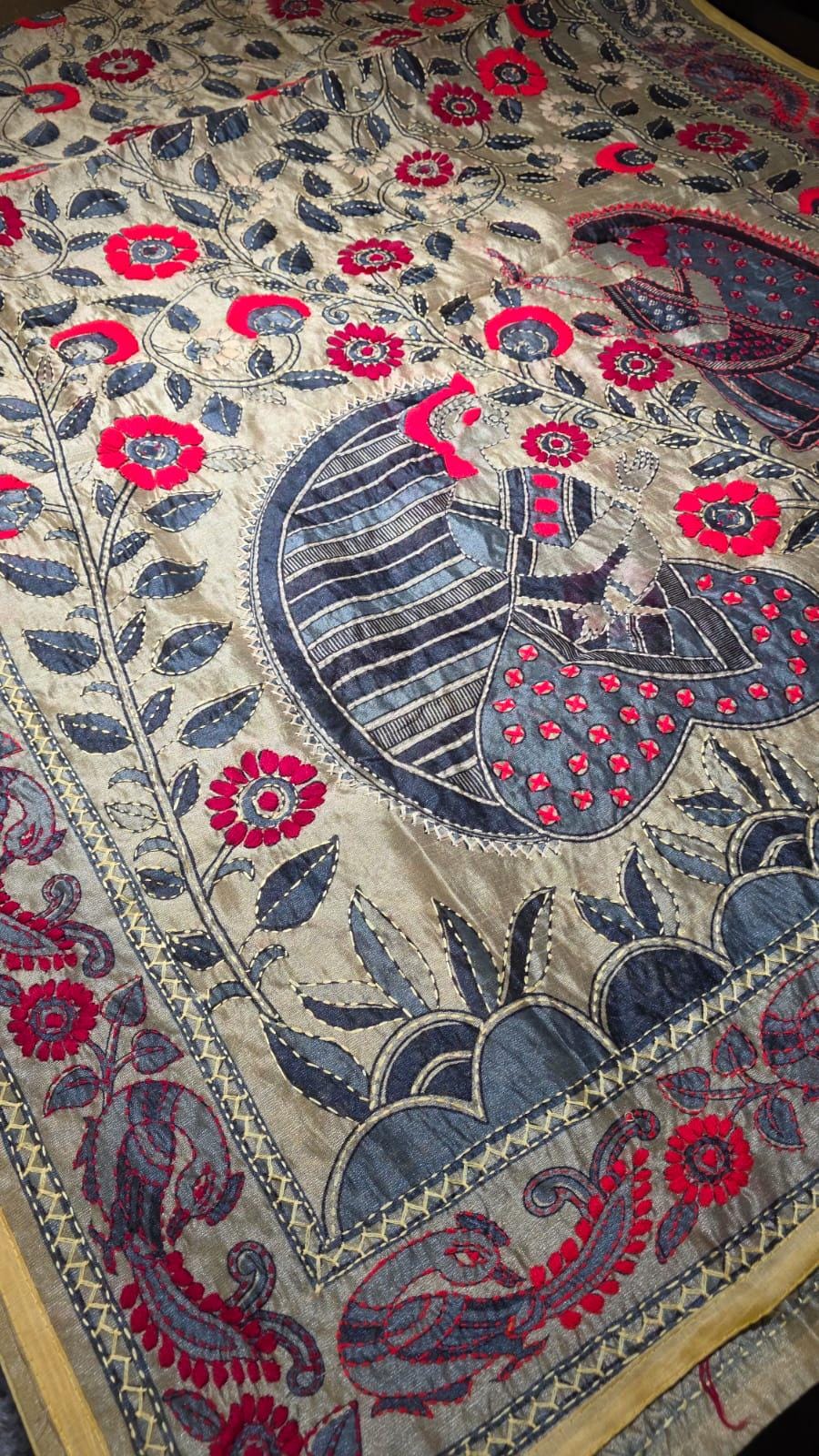 Multi colour Kantha work Dupatta with Mirror Work | Indian Ethnic Dupatta | Festive Wedding Dupatta | Traditional Indian Scarf
