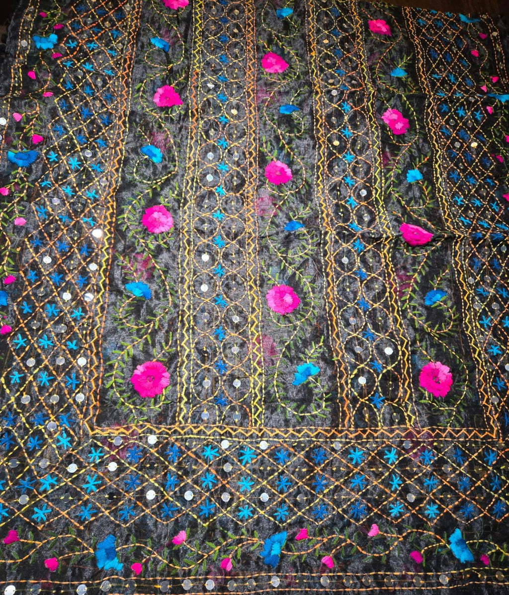 Black Kantha work Dupatta with Mirror Work | Indian Ethnic Dupatta | Festive Wedding Dupatta | Traditional Indian Scarf