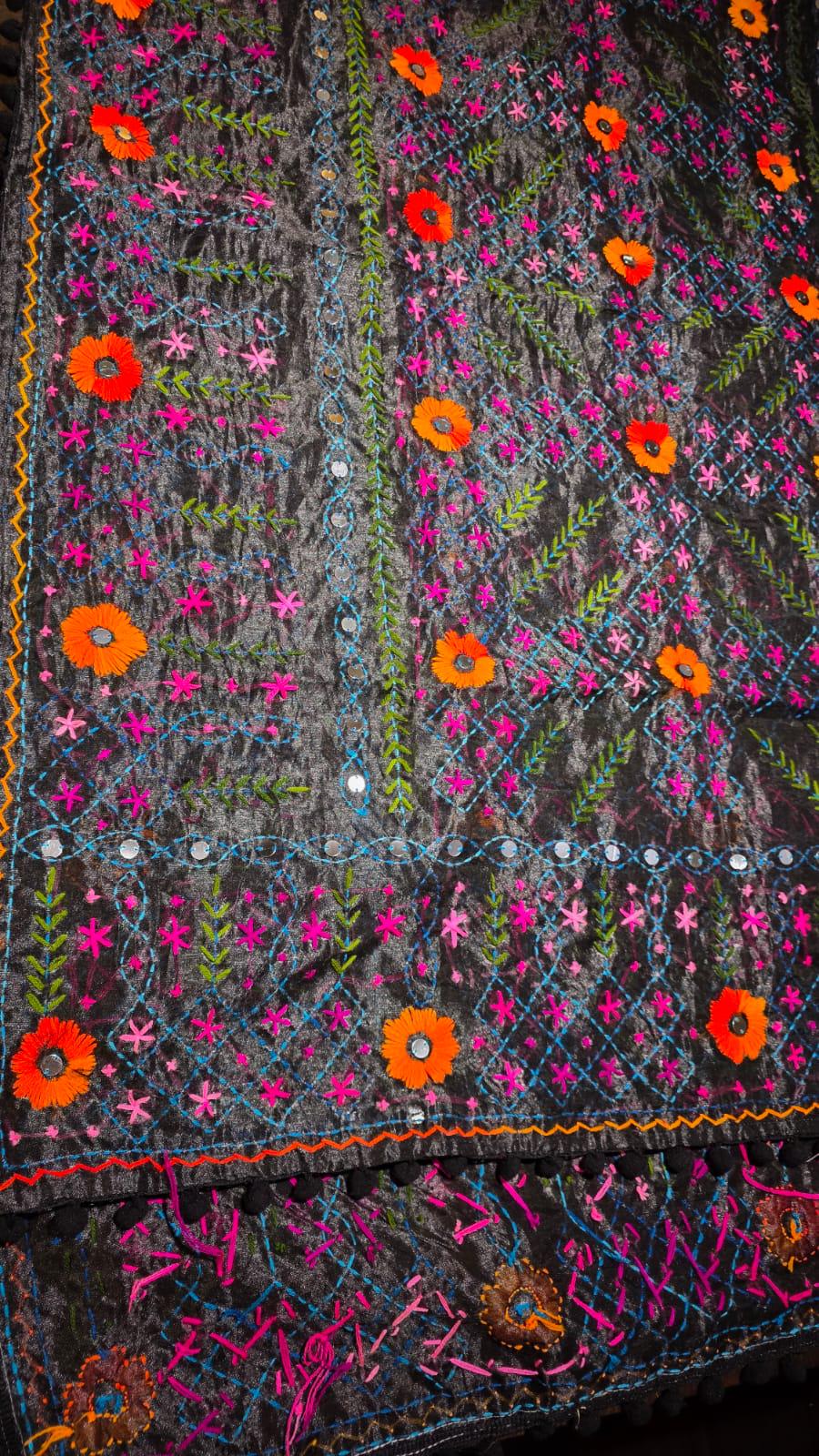 Black Kantha work Dupatta with Mirror Work | Indian Ethnic Dupatta | Festive Wedding Dupatta | Traditional Indian Scarf
