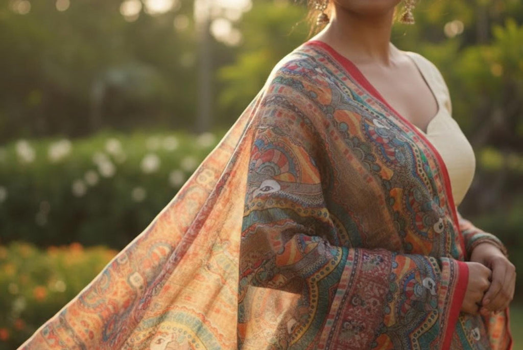 Echoes of the Peacock - Madhubani Art Silk Dupatta
