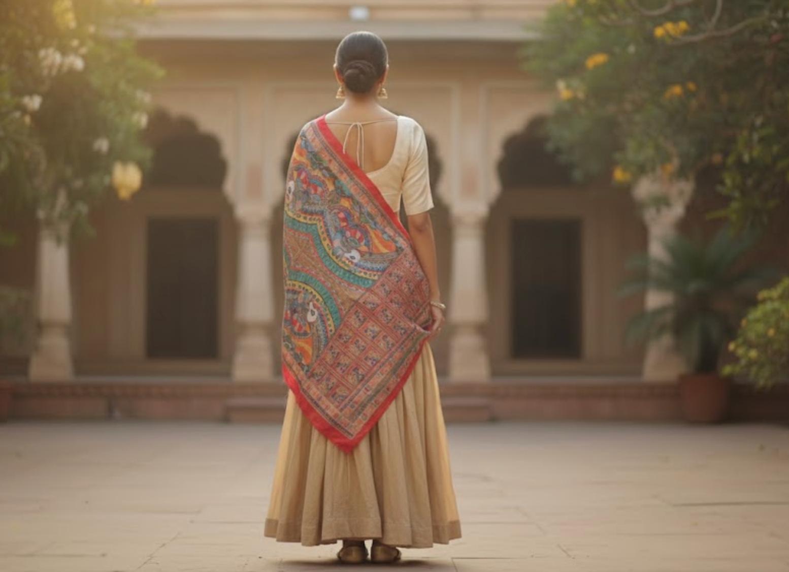 Echoes of the Peacock - Madhubani Art Silk Dupatta