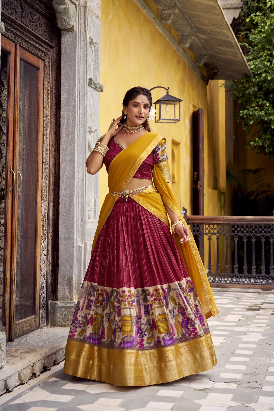 Kalamkari Lehenga Choli Set with Dupatta | Indian Wedding Outfit | Mehendi Sangeet Dress | Traditional Chanderi Ethnic Wear