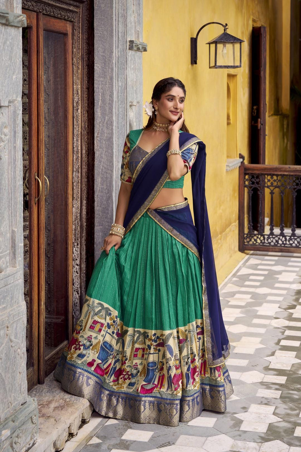 Kalamkari Lehenga Choli Set with Dupatta | Indian Wedding Outfit | Mehendi Sangeet Dress | Traditional Chanderi Ethnic Wear