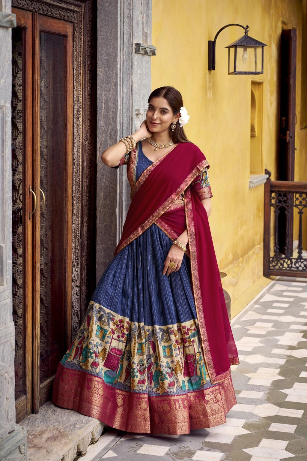 Kalamkari Lehenga Choli Set with Dupatta | Indian Wedding Outfit | Mehendi Sangeet Dress | Traditional Chanderi Ethnic Wear