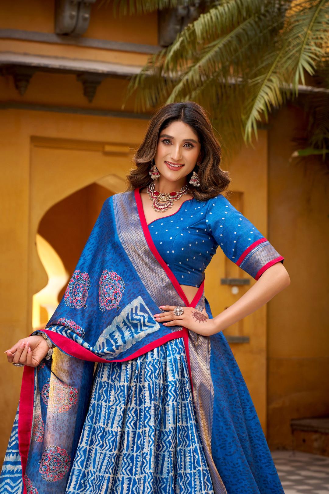 Blue Silk Lehenga Choli Set with Dupatta | Batik Print Indian Wedding Outfit | Festive Mehendi Sangeet Dress