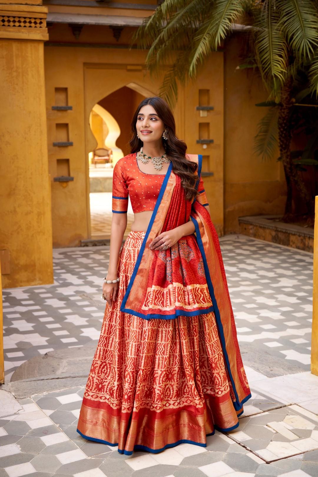 Blue Silk Lehenga Choli Set with Dupatta | Batik Print Indian Wedding Outfit | Festive Mehendi Sangeet Dress