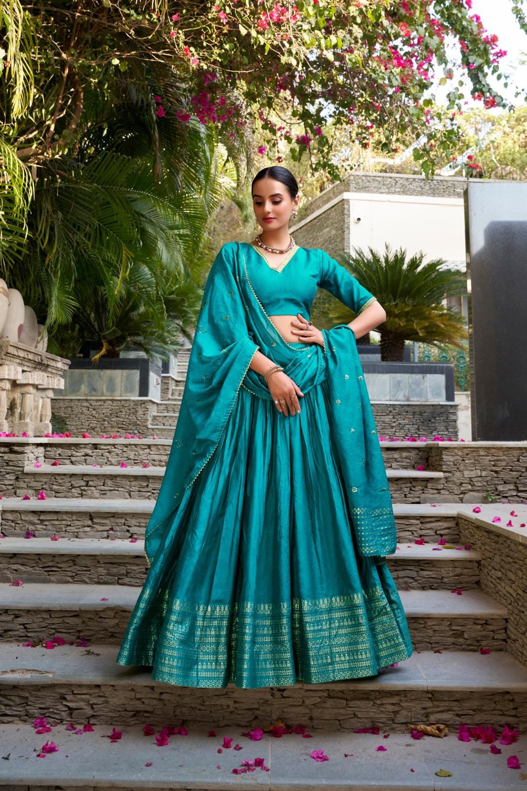 Chanderi Silk Lehenga Choli Set with Dupatta | Indian Wedding Outfit | Elegant Mehendi Sangeet Dress