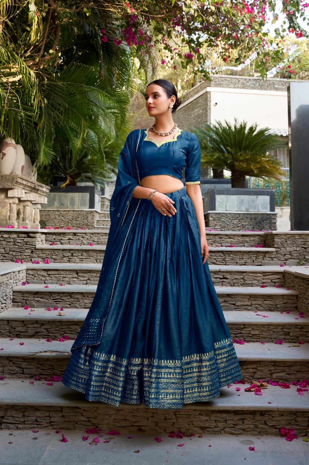 Chanderi Silk Lehenga Choli Set with Dupatta | Indian Wedding Outfit | Elegant Mehendi Sangeet Dress