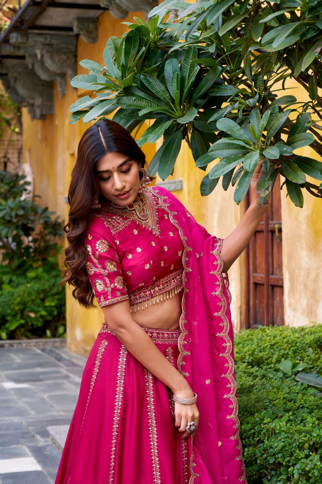Pink Silk Lehenga Choli Set with Stitched Blouse & Dupatta | Indian Wedding Outfit | Sequin Embroidered Mehendi Sangeet Dress
