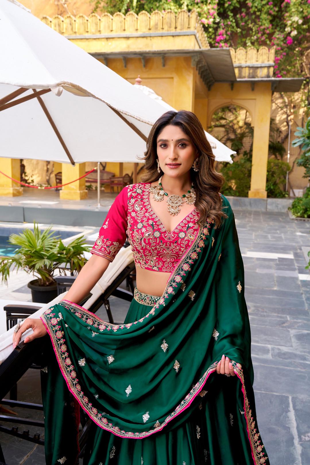 Dark Green Satin Silk Lehenga Choli Set with Stitched Blouse & Dupatta | Indian Wedding Outfit | Sequin Embroidered Festive Dress
