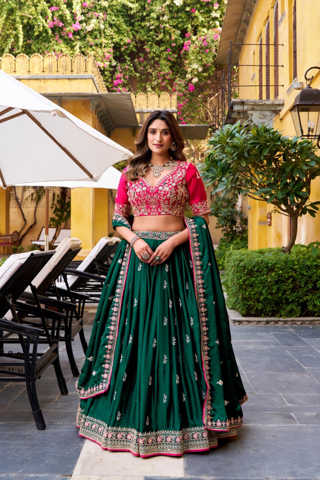 Dark Green Satin Silk Lehenga Choli Set with Stitched Blouse & Dupatta | Indian Wedding Outfit | Sequin Embroidered Festive Dress