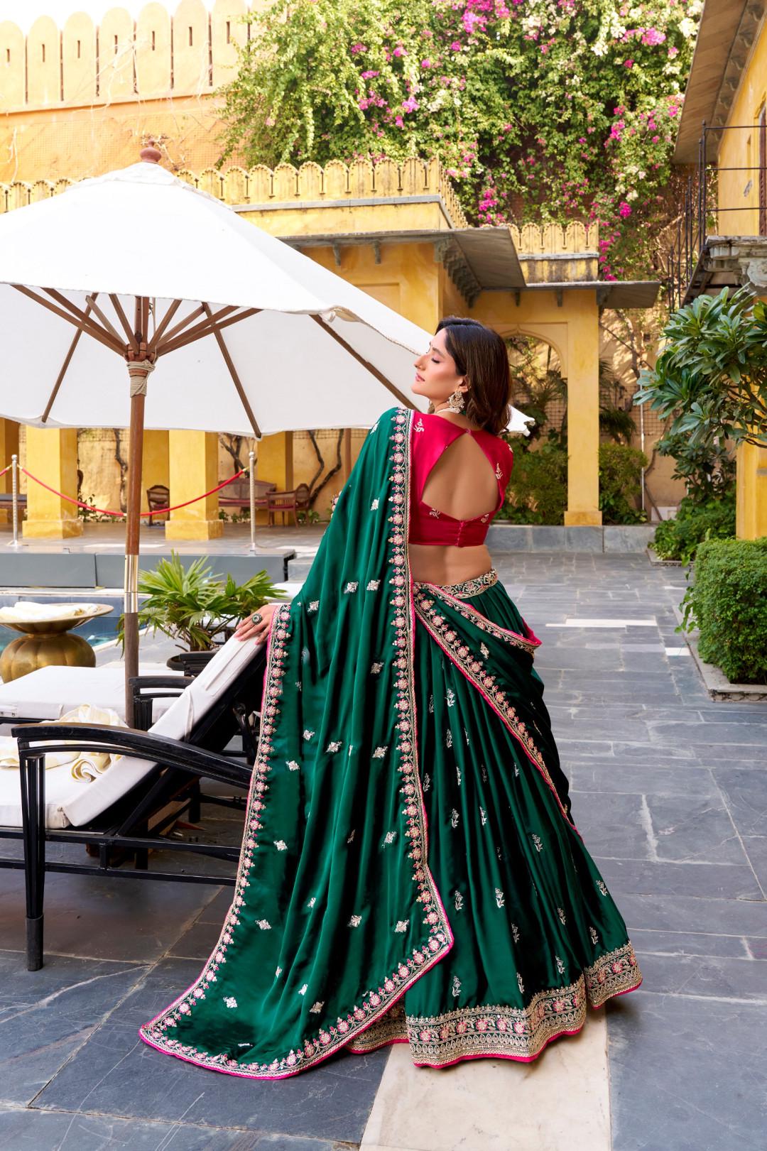 Dark Green Satin Silk Lehenga Choli Set with Stitched Blouse & Dupatta | Indian Wedding Outfit | Sequin Embroidered Festive Dress