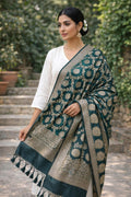 Green Banarasi Silk Dupatta | Silver Zari Floral Weave, Indian Ethnic Wear