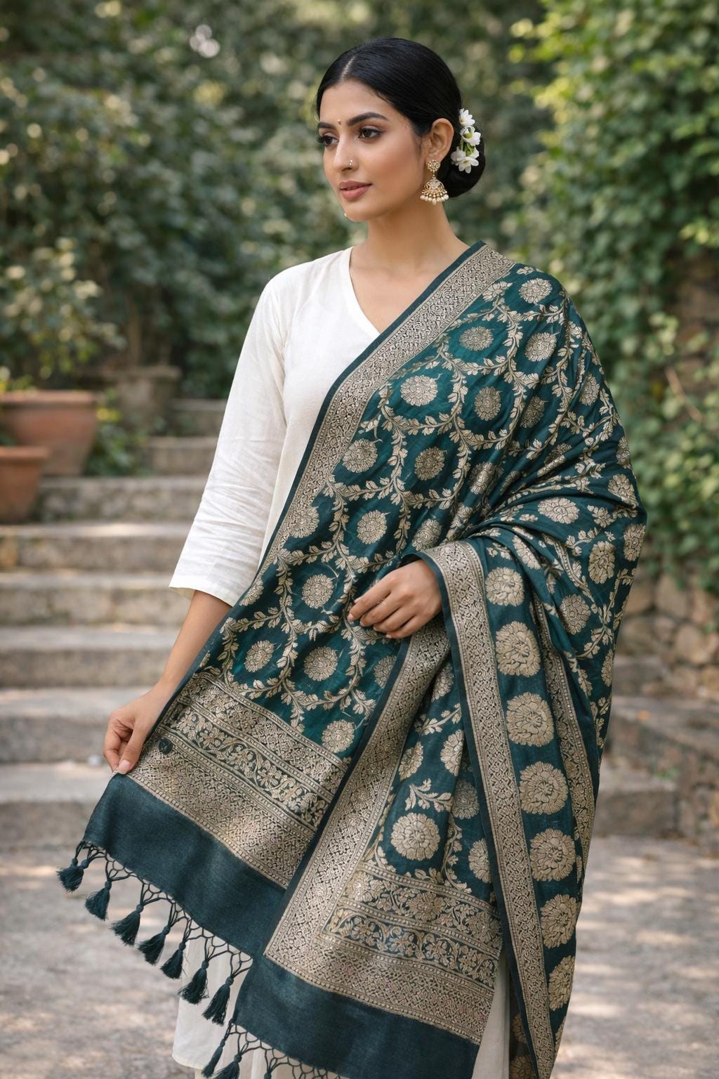 Green Banarasi Silk Dupatta | Silver Zari Floral Weave, Indian Ethnic Wear