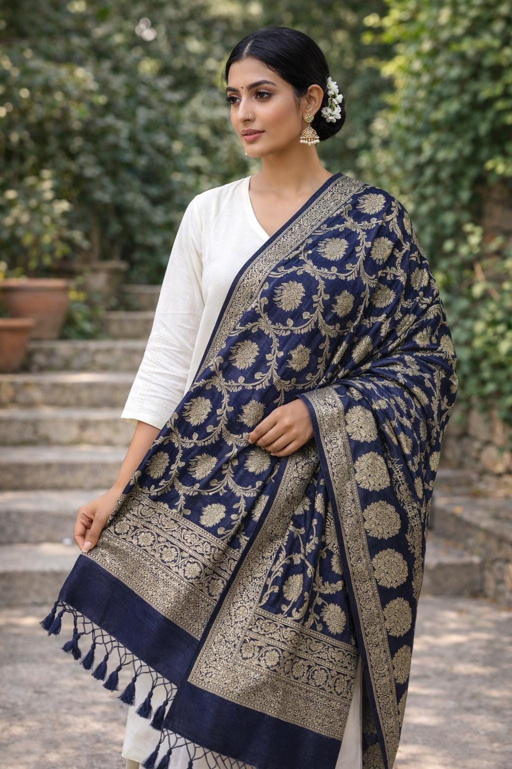 Royal Blue Banarasi Silk Dupatta | Silver Zari Floral Weave, Indian Ethnic Wear