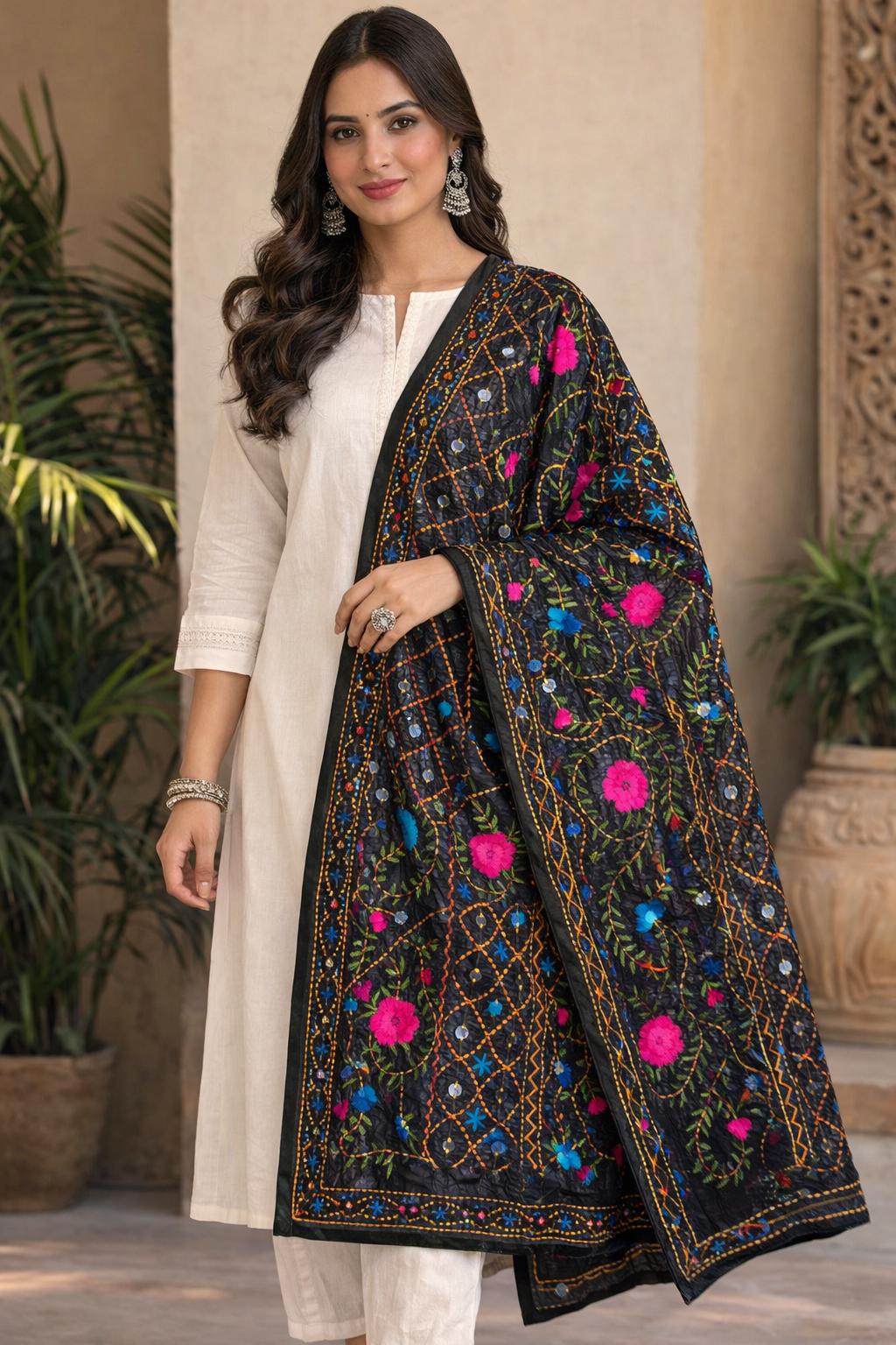 Black Kantha work Dupatta with Mirror Work | Indian Ethnic Dupatta | Festive Wedding Dupatta | Traditional Indian Scarf