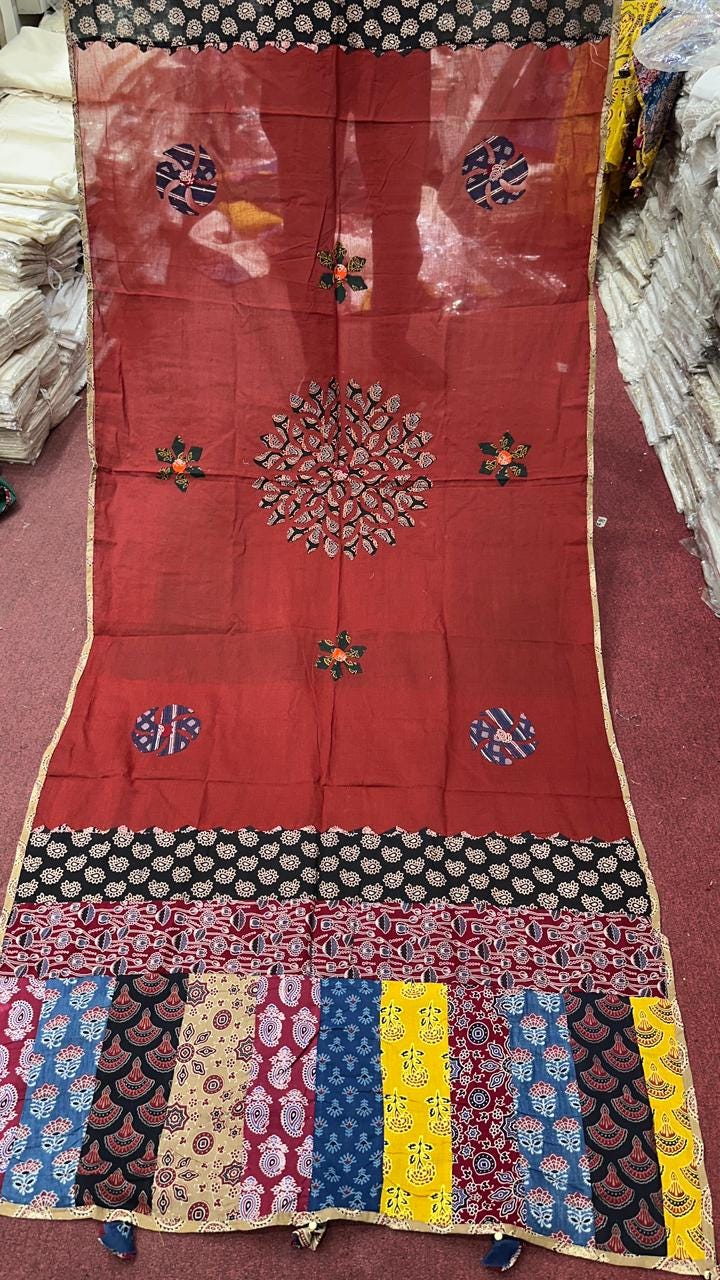 Handcrafted Cotton Ajrak Patchwork Dupatta | Ethnic Dupatta with Hand Block Motifs | Boho Indian Dupatta | Ishq by Isha
