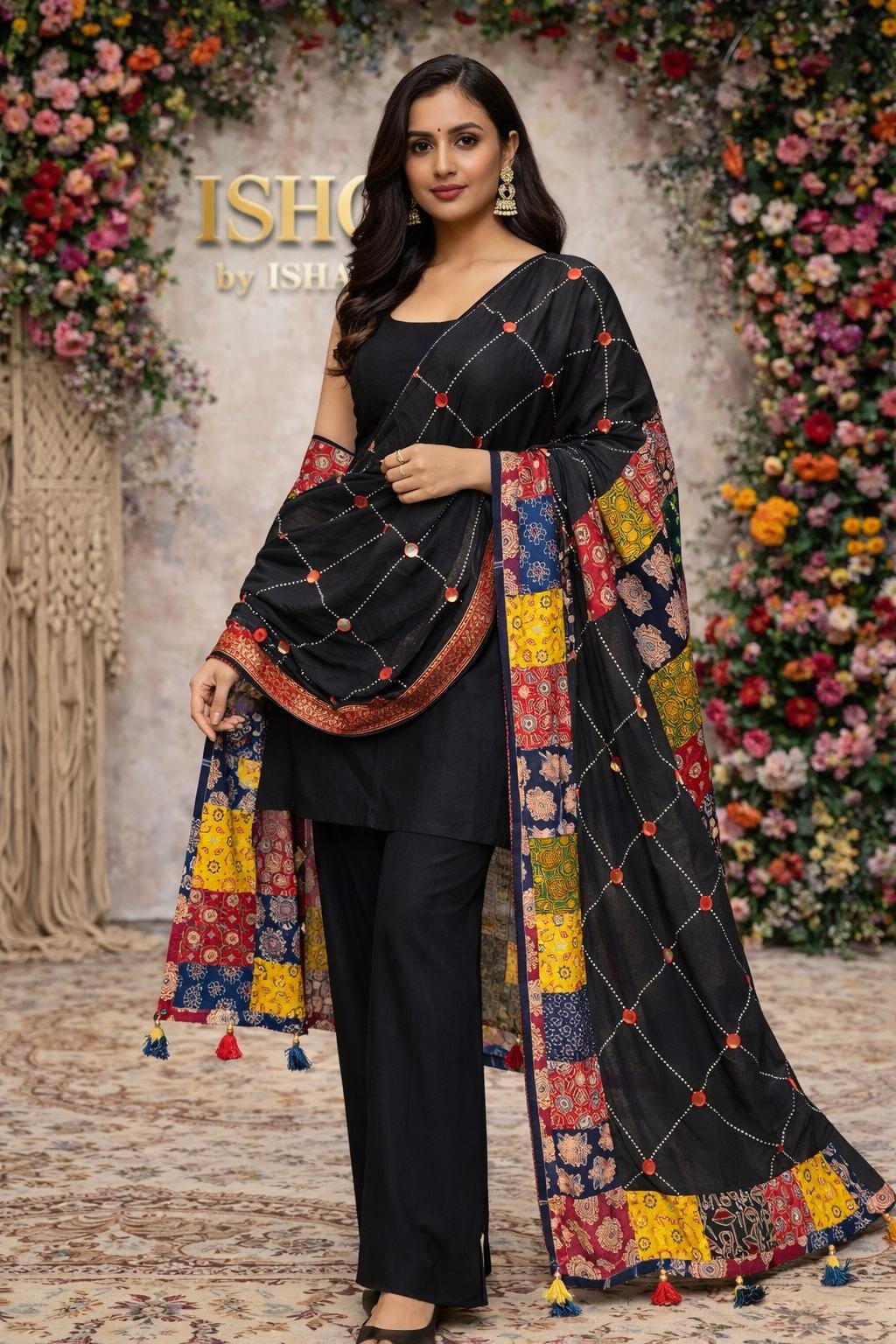 Handcrafted Cotton Ajrak Patchwork Dupatta | Ethnic Dupatta with Hand Block Motifs | Boho Indian Dupatta | Ishq by Isha